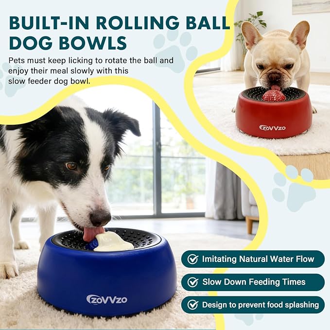 Slow Feeder Dog Bowls, Rolling Ball Dog Lick Bowl, Non-Slip Design, Interactive Dog Licking Toy & Dog Enrichment Toys, Dog Lick Ball Bowl for Wet Food, Yogurt, Bone Broth, Nutrient Solution (Blue)