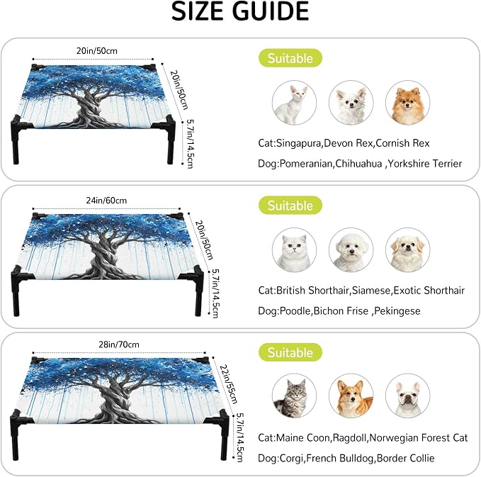 Outdoor Elevated Dog Bed for Large Dogs, Blue Trees Breathable Cooling Raised Dog Cot for Indoor/Outdoor, Boho Nature Branch Leaf Plants Landscape Waterproof Elevated Pet Beds, L 28 x 22 in
