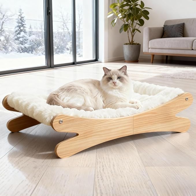 Plush Elevated Cat Bed - Cozy Raised Cat Hammock with Solid Wood Frame, Soft Furry Cushion for Indoor Cats & Small Dogs, Multi-Color Options(White)