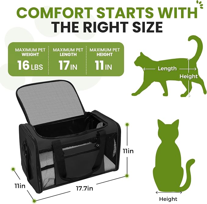 Soft-Sided Cat Carrier Expandable Pet Carrier Airline Approved Mesh Zipper with Lock Travel Carrier Up to 15lbs for Cats Dogs Collapsible Escape-Proof with Strap (18x11x11 Black-L)