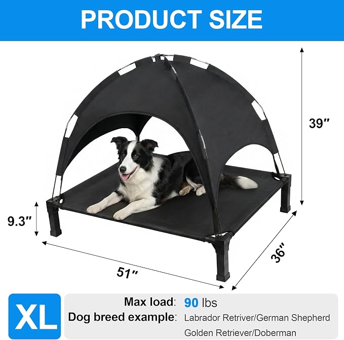 Elevated Dog Bed with Canopy Raised Pet Cot for Large Dogs, Outdoor Dog Cot with Removable Sun Shade Tent, Breathable Mesh Portable Dogs Cot for Camping, Beach, Backyard, Outdoor Use