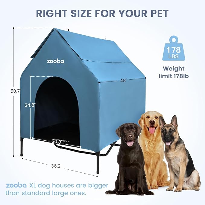 Zooba 48in XL Dog House Outdoor, Elevated Dog Bed with Canopy, Blue | Weather-resistant 600D PVC canopy, breathable 2x1 Textilene elevated bed, steel frame; indoor or outdoor; easy to clean