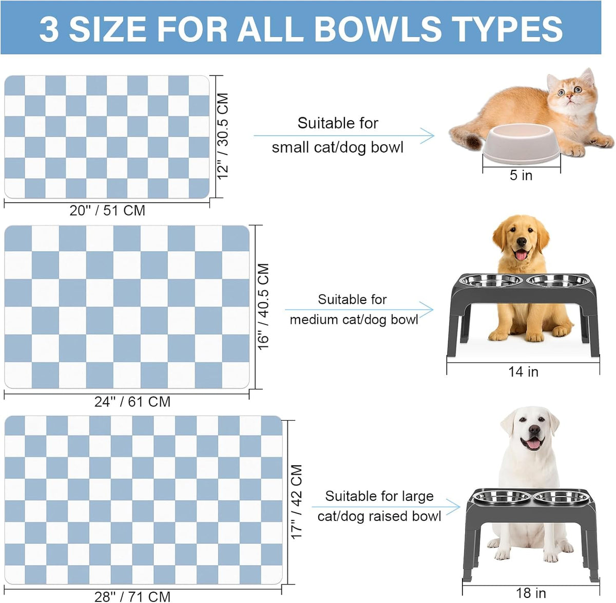 Pet Feeding Mat, 16"x 24" Absorbent Dog Food Mat, Checkered Cat Bowl Mats, Easy to Clean Pet Placemats, Quick Dry Dog Water Dispenser Mats for Messy Drinkers, Blue & White