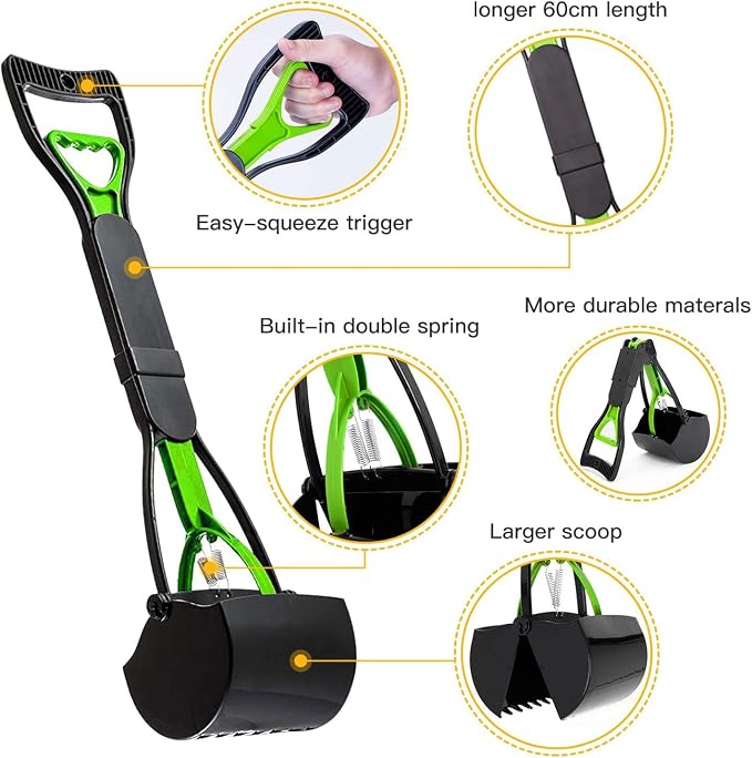 24 Inch Portable Dog Pooper Scooper for Large Small Dogs | Foldable Dog Poop Scoop with Waste Bag Dispenser & 30 Bags, Grass Friendly, Plastic, Grass Friendly, Easy to Use Lever