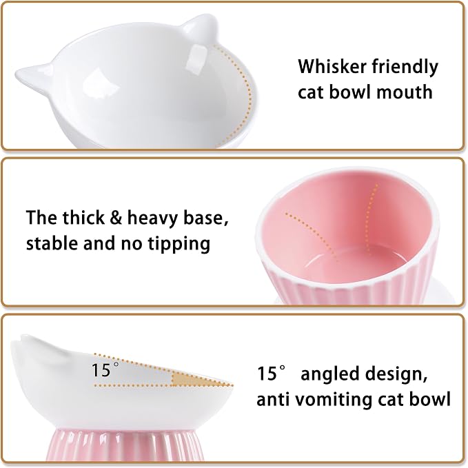 Ceramic Raised Cat Bowl，Tilted Raised Bowl Anti Vomit for Indoor Cats Whisker Friendly Pet Feeder for Cats Puppies, Microwave and Dishwasher Safe (Blue)