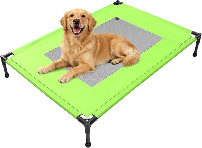 Elevated Dog Bed for Large Dogs - Outdoor Cooling Cot with Washable Breathable Mesh, Portable Raised Pet Bed with Non-Slip Feet & Waterproof Teslin, Heavy Duty & Chew Proof for Camping (Green, Medium)