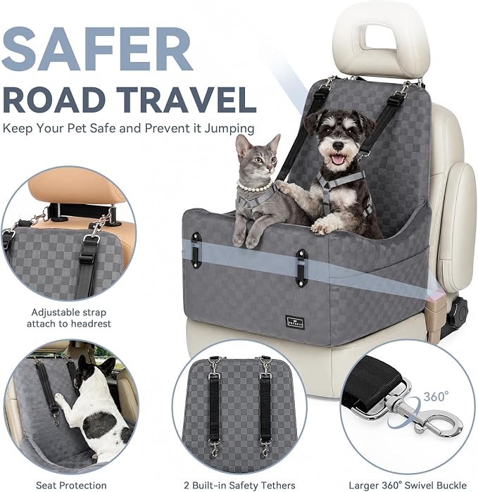 PETSFIT Pet Car Seat with Patented Safety System, 5" Elevated Cushion | Fully Detachable Washable Cover, Memory Foam Dog Booster Car Seat for Small/Medium Dogs Up to 35 Lbs with Safety Belt