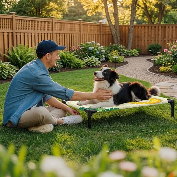 Outdoor Elevated Dog Bed for Medium Dogs, Summer Swimming Rings Breathable Cooling Raised Dog Cot for Indoor/Outdoor, Floral Plumeria Yellow Wooden Waterproof Elevated Pet Beds, M 24 x 20 in