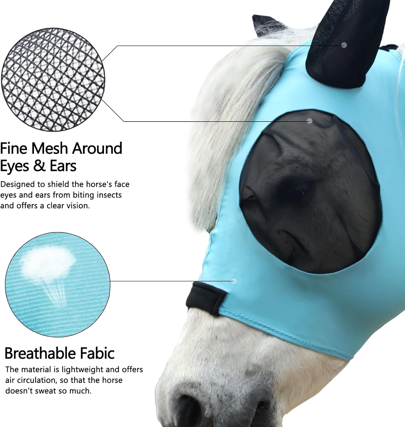 Horse Fly Mask with Ears - Large Eye Space for Full Vision, Breathable Stretch Comfort Fit, UV Protection, Forelock Opening, Easy Pull-On Paleblue Cob