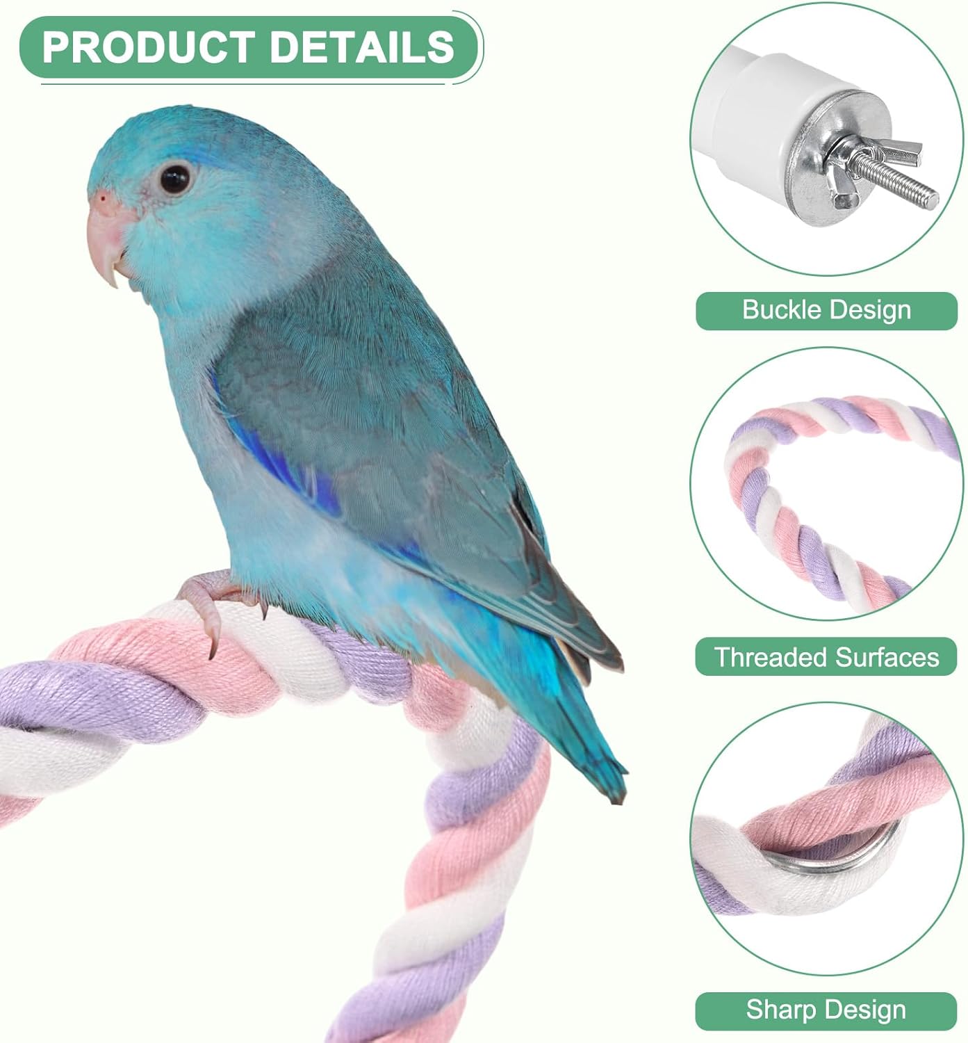 2-Pack Rope Perches for Bird Cages, 23.6 in Length Comfort Grip Flexible Rope Perch Beak & Paw Grinding for Parrots/Cockatiels/Parakeets, Bird Platform Sand [Pink Purple]