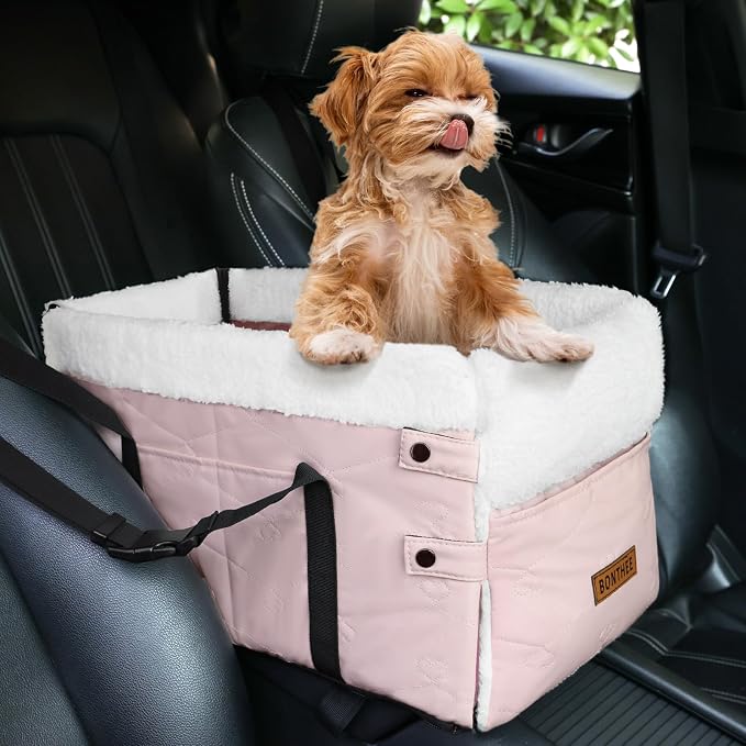 Center Console Dog Car Seat for Small Dogs,PU Leather Small Dog Car Booster Seat,Washable Foldable with Safe Protection Hooks Adjustable Straps and Storage Pocket Pet Up to 15lbs-Pink