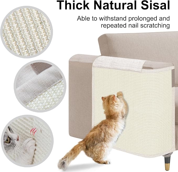 Cat Scratch Sofa Protector,23.6" L*19.7" W Cat Scratch Furniture Protector Pad, Couch Arm Sheild with Natural Sisal for Protecting Couch Sofa Chair Furniture(Beige/Right Handed)