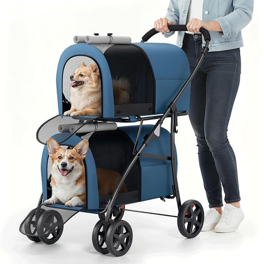 MoNiBloom Double Dog Stroller for Small and Medium Dog Cats, Navy Blue/Gray | Pet Stroller with Detachable Carrier Bags Large 4 Wheels Foldable Jogger for Small and Medium Dog Cats