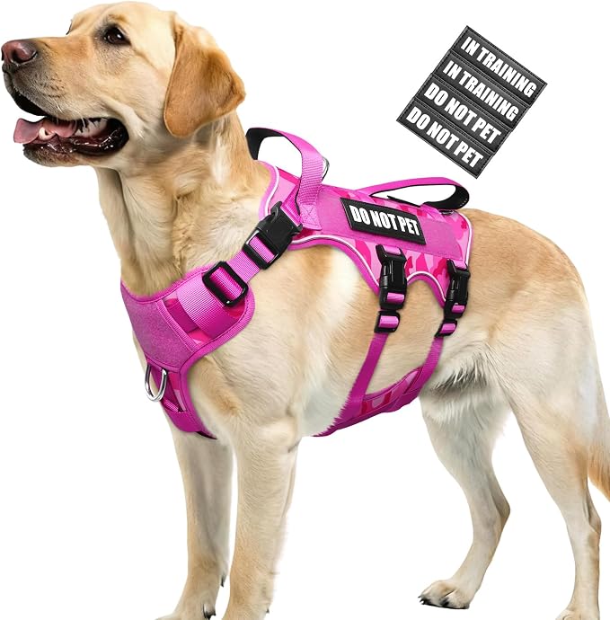 Escape Proof Dog Harness with Double Handle+4 Removable Patches | Service Working Molle Harness with Double Handle for Large Dogs, Tactical Pet Reflective Vest for Walking Hiking Hunting