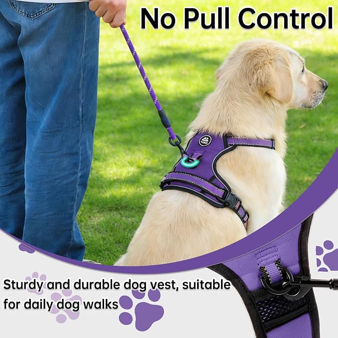 NESTROAD No Pull Dog Harness,Adjustable Oxford Dog Vest Harness with Leash,Reflective No-Choke Pet Harness with Easy Control Soft Handle for Small Medium Dogs(Medium,Purple)