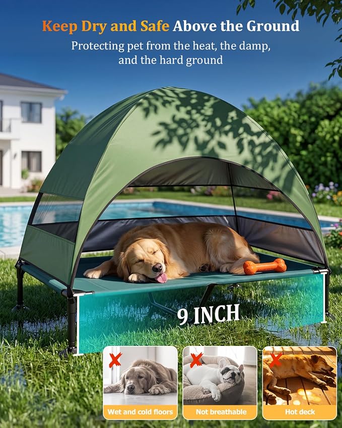 Elevated Outdoor Dog Bed with Canopy, Raised Dog Cot with Stable Adjustable Feet, Dog Camping Bed with Larger Shade, Lifted Dog Tent Bed with Canopy for Outside (Green, X-Large)