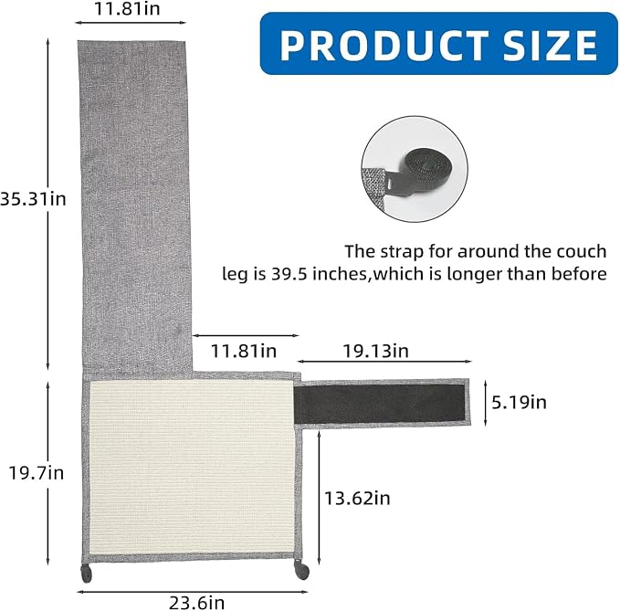 Cat Scratch Couch Protector with Natural Sisal for Protecting Couch Sofa Chair Furniture,Couch Protector from Cat Claws 23.6" L*19.7" W(Light Grey/Right Hand)