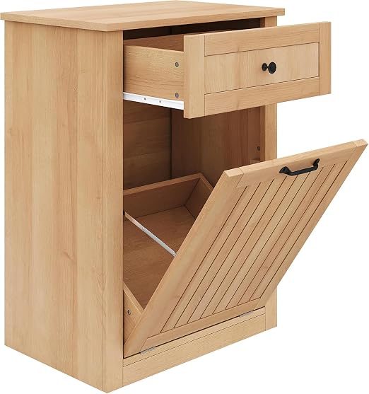 10 Gallon Tilt Out Trash Can Cabinet with Drawer, Hidden Trash Can, Wood | Cabinet with Drawers for Kitchen, Bathroom and Laundry Room