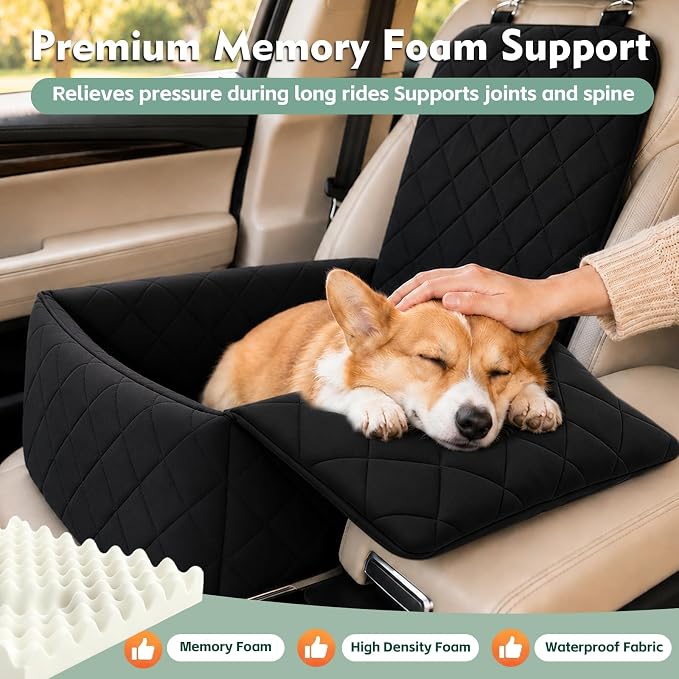 Dog Car Seat with Foldable Armrest for Small/Medium Dogs, Pet Travel Bed (Black)