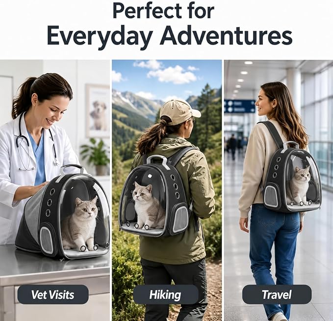 Expandable Cat Carrier Backpack for Cats and Dogs, Bubble Window Pet Travel Backpack with Breathable Mesh, Anti-Collapse Structure, Side Door, Safety Leash, for Vet Visits, Hiking, Outdoor, Black