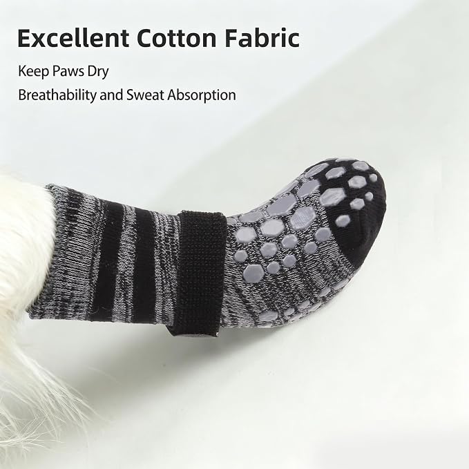 PUPTECK Anti-Slip Dog Socks with Double Sides for Small Medium Large Dogs Hardwood Floors Prevents Licking, Dog Shoes for Hot Pavement Traction Control Paw Protector for Senior Dogs, Striped Black L