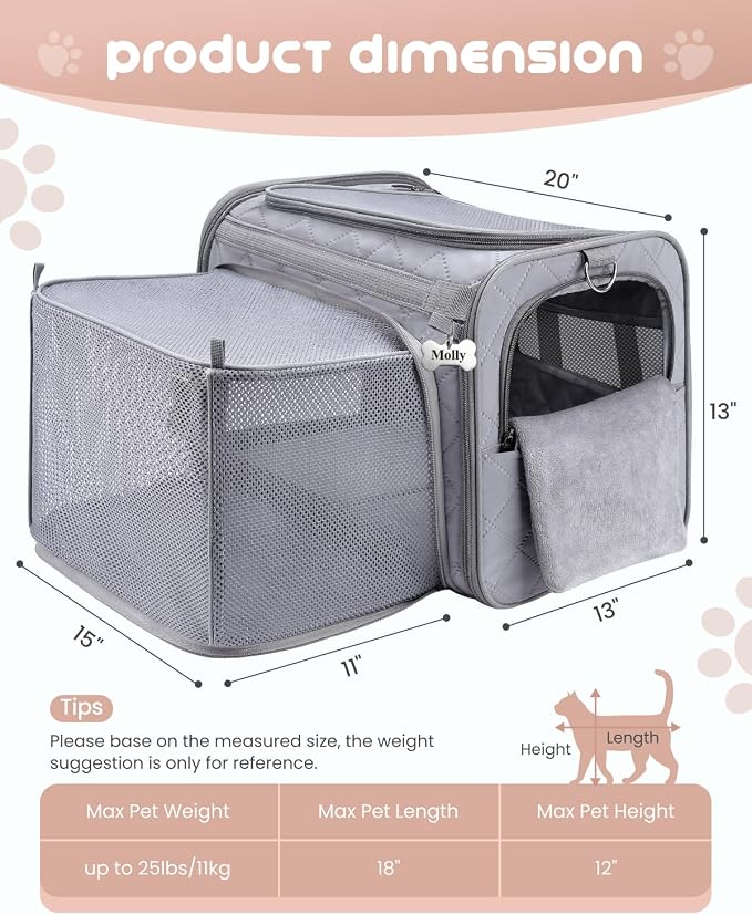 MIDOG Cat Carrier Soft for Small-Medium Cats Up to 25lbs, Airline Approved | Expandable Square Design,Comfort & Breathable Window,Equipped with anti-slip lock zippers and an internal safety leash