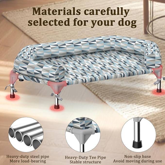 Elevated Dog Bed with Bolster, Raised Cooling Orthopedic Dogs Cot Medium | Hexagon Outdoor Dog Bed with Metal Frame for Up to 80 lbs, Portable Dog Hammock for Patio Camping, Breathable, Off the Ground
