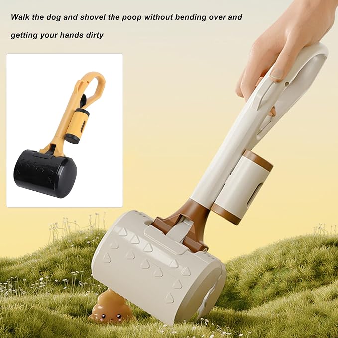 Dog Pooper Scooper, Heavy Duty Portable Jaw Clamp Style Pet Waste Cleanup Tool with Ergonomic Handle and Poop Bag Dispenser for Large Medium Small Dogs Yellow Black