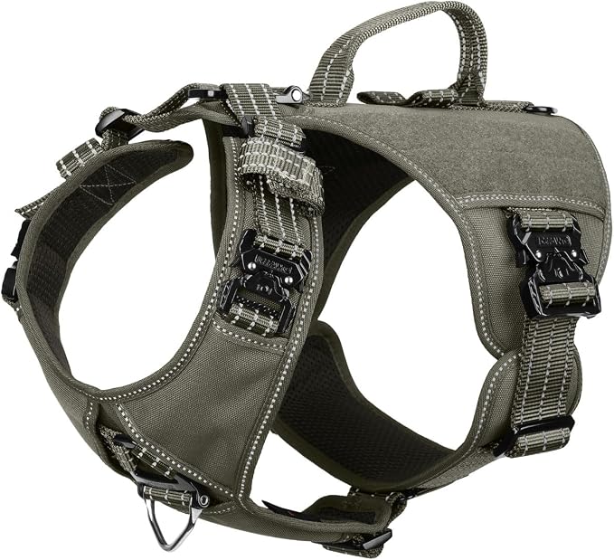 ICEFANG Quick-Moving Tactical Dog Harness for Medium Dogs,No Pull Dog Vest | Control Handle,Reflective,Full Metal Buckles,Adjustable,Hook-and-Loop Panel,Soft Padded,Green,Medium