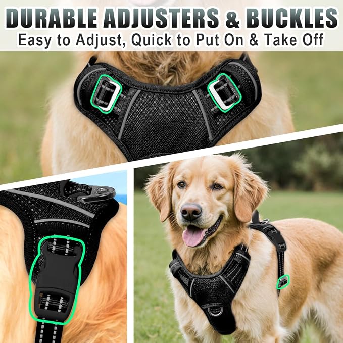 BARKBAY No Pull Dog Harness Large Reflective Dog Harness with Front Clip and Easy Control Handle for Walking Training Running with ID tag Pocket(Black,L)
