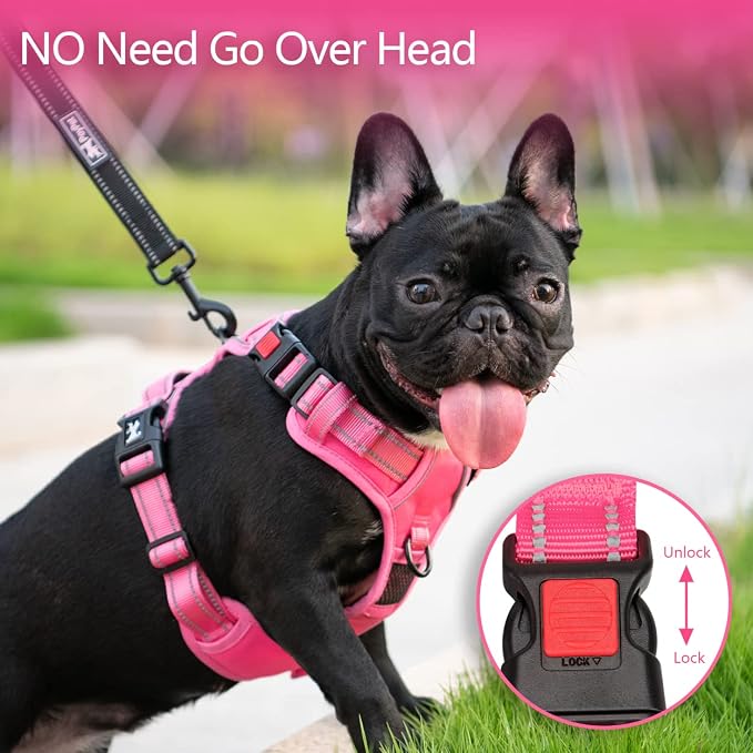 PoyPet No Pull Dog Harness, Reflective Vest with 2 Leash Clips & Handle | Lockable Neck Release Buckle, No Choke, Adjustable, Soft Padded, for Walking Training, Pink Matching Trim, X-Large