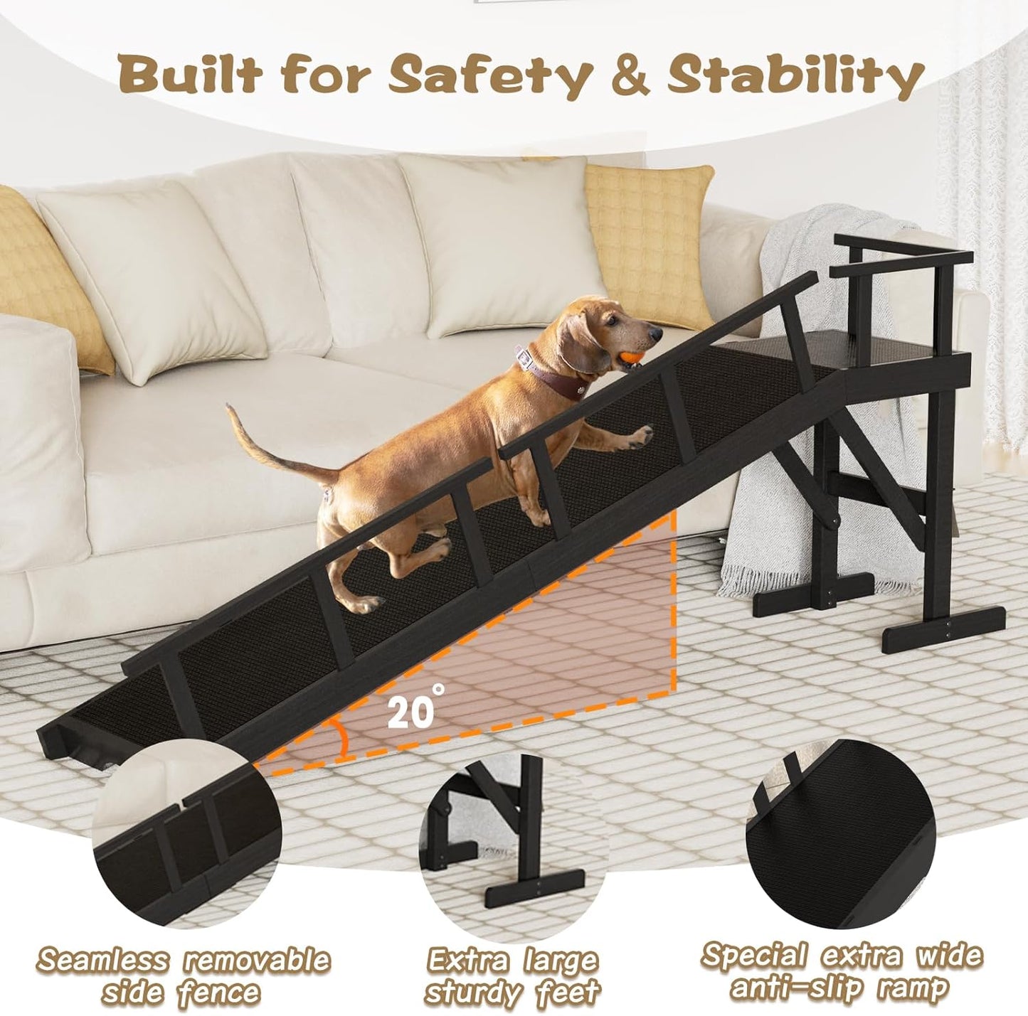 73" Dog Ramp for Bed, Pet Ramp with Removable Side Rail and Non-Slip Surface, Pet Ramp for Small & Large & Senior Dogs with Rest Platform and DIY Glow Strips,Dog Stairs for Couch, Black