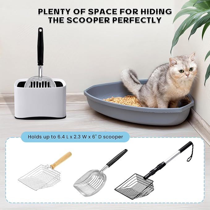 Cat Litter Scoop Holder Universal Scooper Storage Caddy for Most Kitty Poop Shovel, Durable Removable Pet Pooper Stand for Plastic / Metal Waste Scoops, Double-Layer Mini Desktop Trash Can - L White