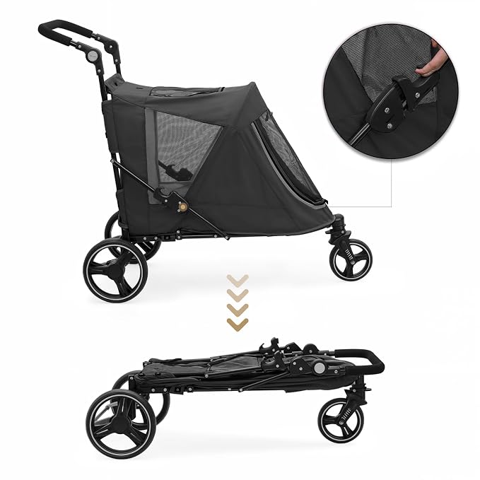 MoNiBloom Pet Stroller for Large Dogs or Dogs Cats up to 55 lbs, Black | with Adjustable Handle, 3-Wheels Dual Entry Portable Dog Carting Easy Folding Pet Wagon Double Multiple Dog Stroller