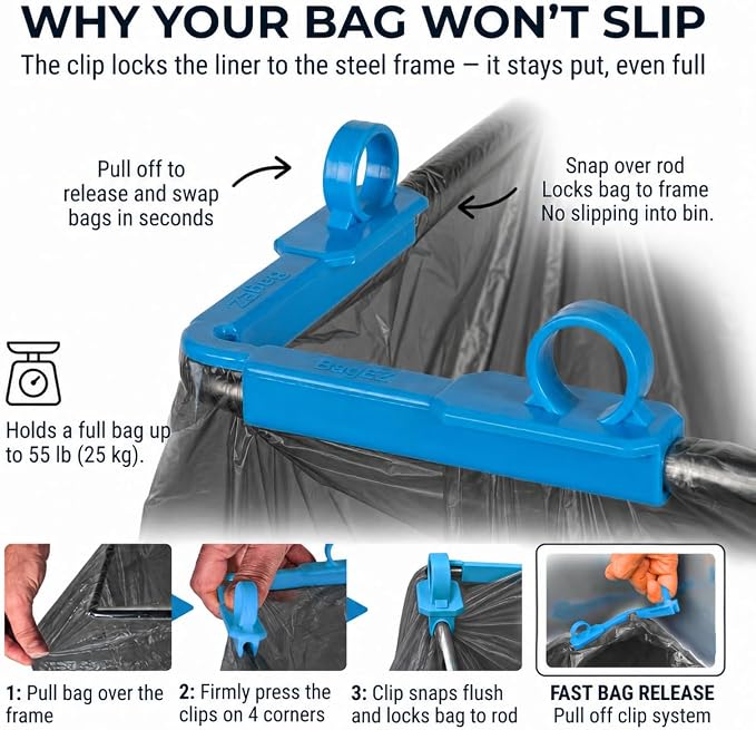 Portable Trash Bag Holder Stand For 20-33+ Gallon Liners. 16x17in Hanging Stand for Waste or Storage & Organization. Garbage can For Home Recycling Camping Picnic Party Boat Car RV or Leaf Collector