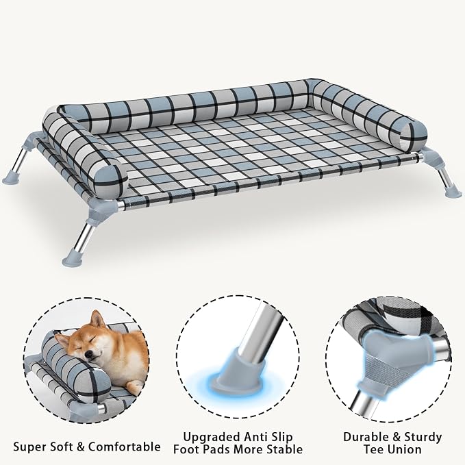 Elevated Dog Bed with Bolster,Portable Raised Lifted Pillow Pet Cot Beds | Breathable Fabric Dogs Hammock Bed for Indoor & Outdoor, Stainless Steel Frame, Anti-Slip Feet