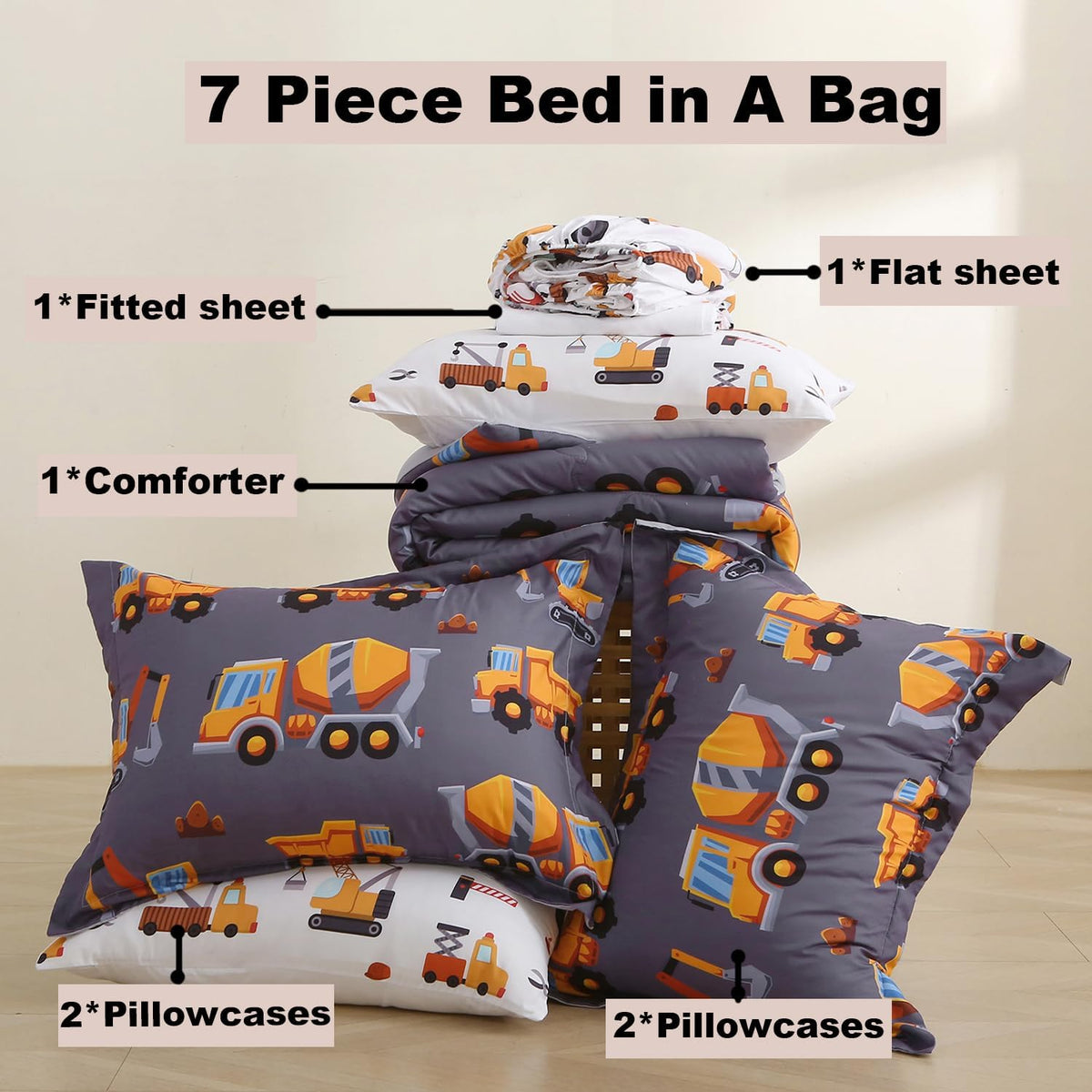 Kids Comforter Set 7 Piece Bedding Cute Car Cartoon Truck Bed Microfiber Comforter Queen Size All Season Excavator Car Truck Printed
