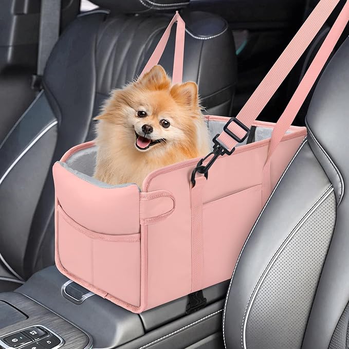 Portable Dog Car Seat for Small Dogs, Puppy Car Seat, Pink | Booster Seat With Safety Leash & Adjustable Straps Keeps Small Dogs Secure. Removable Washable Cushion. Fits Most Cars.