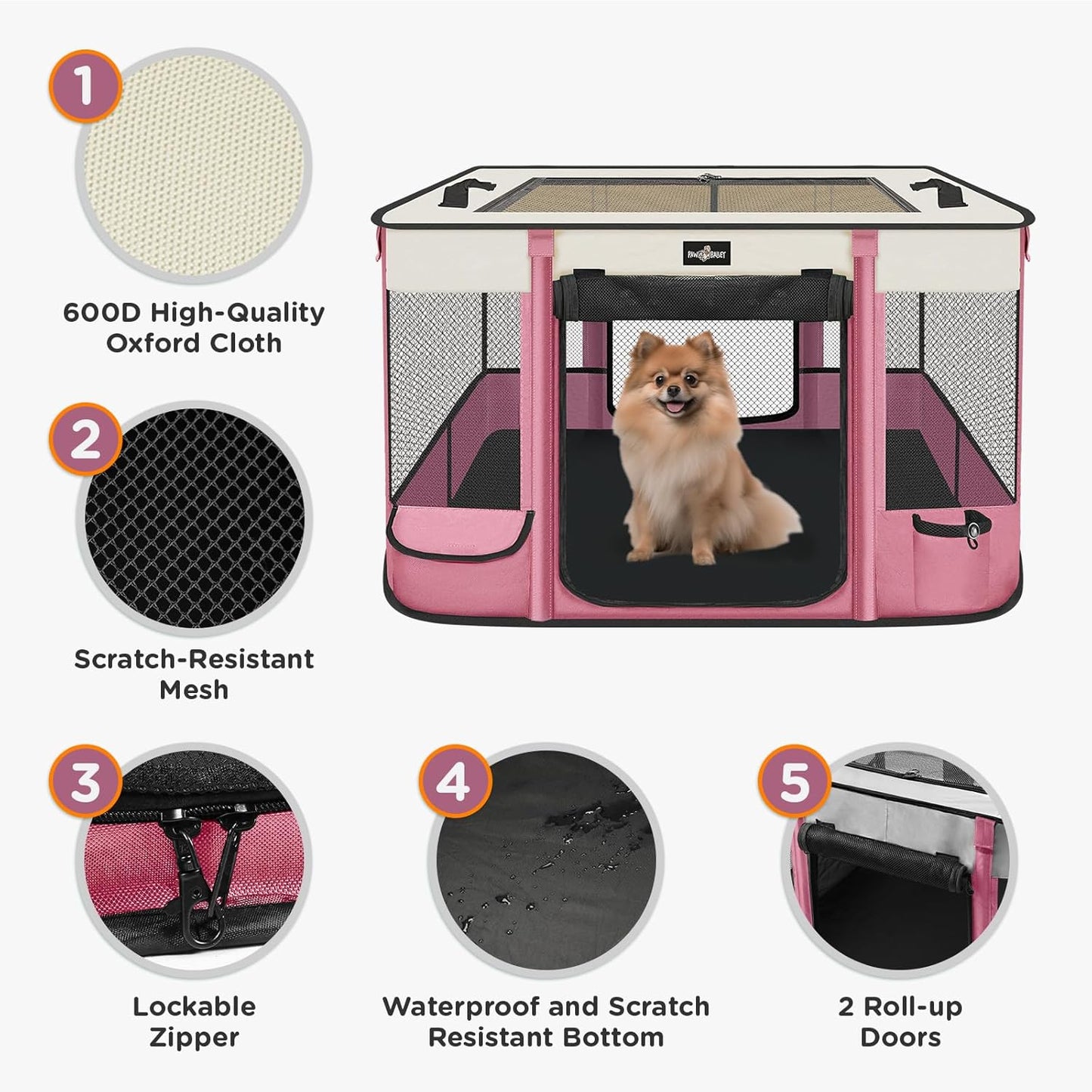 Foldable Pet Kitten Playpen, Upgrade Waterproof Portable Cat Dog Playpen Kennel Tent for Dog Cat, Removable Shade Cover with Free Carrying Case, Indoor Outdoor Use for Small Pet, Pink
