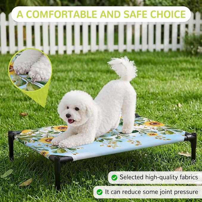 Outdoor Elevated Dog Bed for Large Dogs, Coastal Sunflower Vine Breathable Cooling Raised Dog Cot for Indoor/Outdoor, Summer Flower Blue Sky Garden Waterproof Elevated Pet Beds, L 28 x 22 in