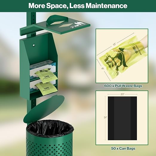 POCHAR Aluminum Dog Waste Station for Pet Parks with Poop Bags & Liner Bags | Rustproof Pet Poop Station Outdoor, Dog Park Equipment with Sign & Lid - Pet Poop Disposal System for Backyard