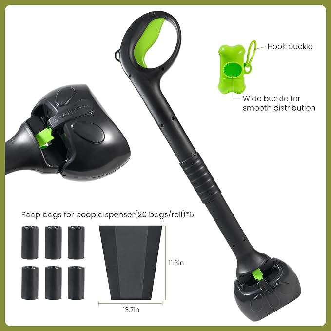 28 Inch Handle Dog Pooper Scooper Portable with Bag Attachment, One Handed Foldable Design, Includes 120 Waste Bags and Dispenser for Grass Yard Gravel Cleanup