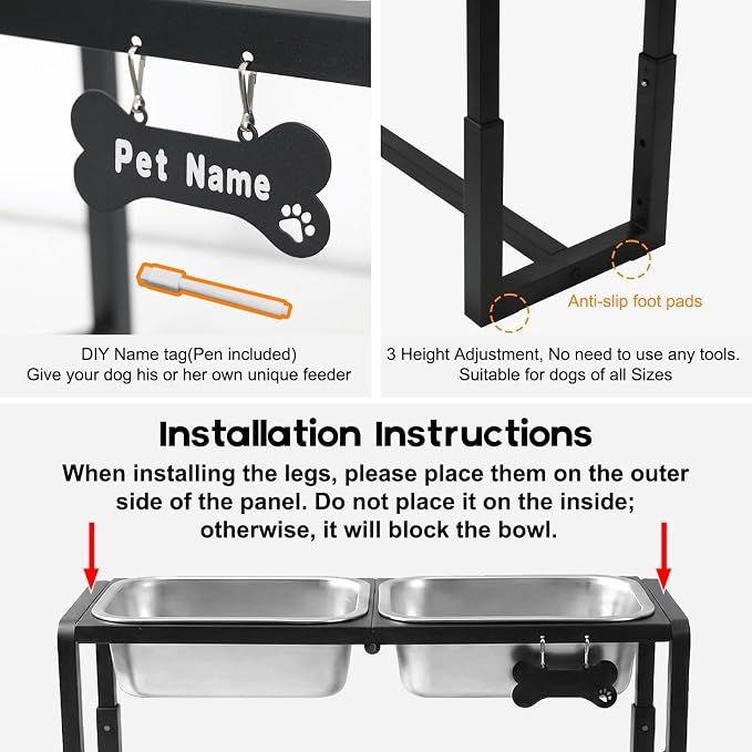 Metal Elevated Dog Bowls Medium/Large Breed with 2 Thick 1.2GAL Stainless Steel Raised Dog Bowl, Adjustable Height 3 Levels (8.8"-11.5"-14") Neck & Joint Protection