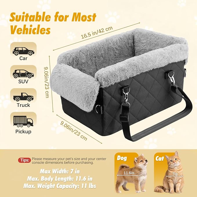 VavoPaw Center Console Dog Car Seat for Small Dogs&Cats Under 12 LBS | Puppy Car Seats with Non-Slip&Strong Support,Anti-Collapse Portable Pet Bed for Puppies with Soft Cushion Safety Belt,Black