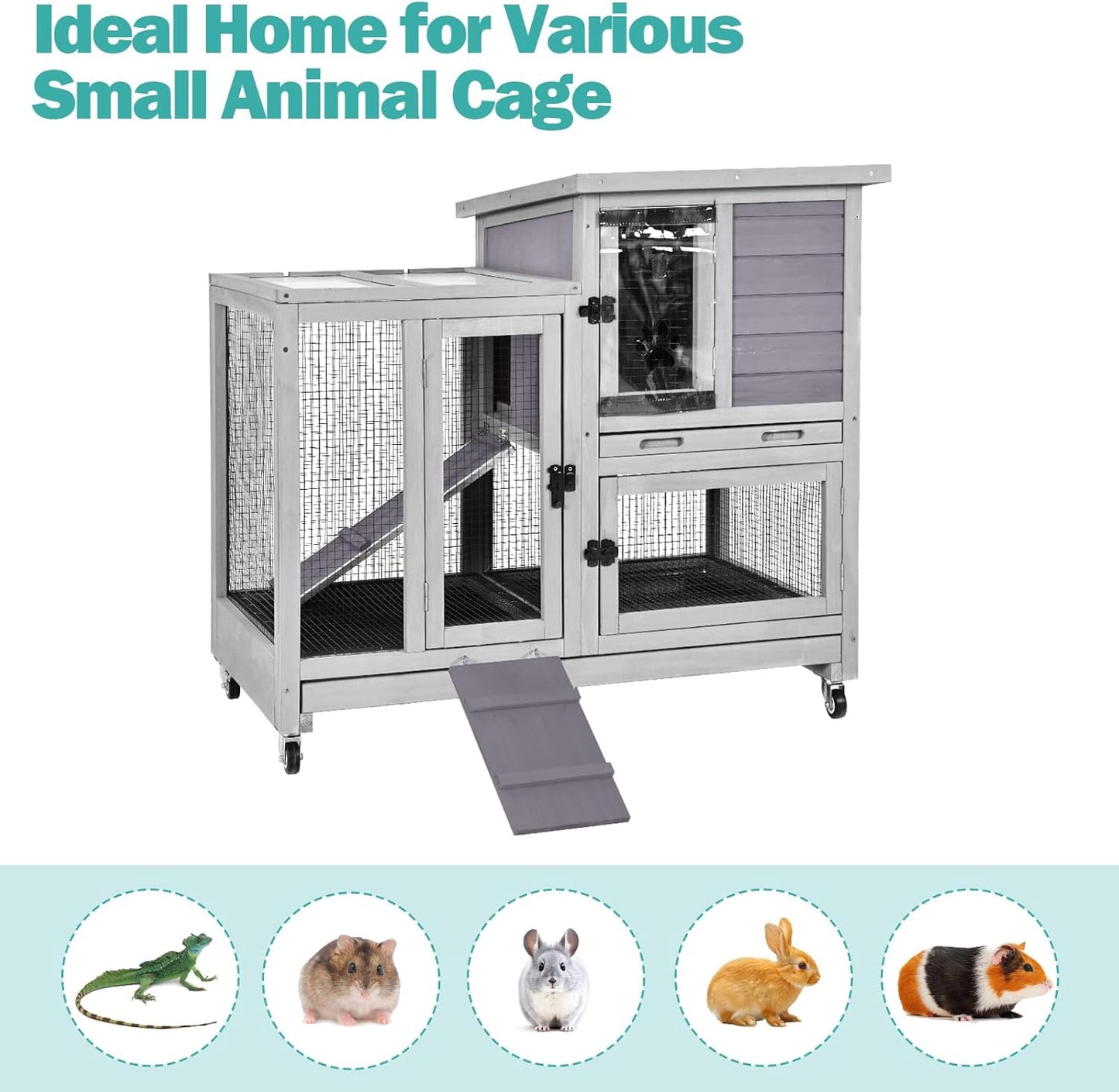 Rabbit Hutch Indoor for 2-4 Rabbits & Guinea Pigs，Bunny Cage with Slide-Out Plastic Trays，Wooden Small Animal Cage for Rabbits, Bunnies, and Guinea Pigs (Light Grey)