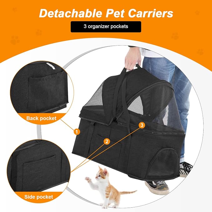 BestPet Pet Dog Stroller with Premium 3-in-1 Multifunction & Detachable Carrier for Folding Lightweight Cat Travel Stroller,Black