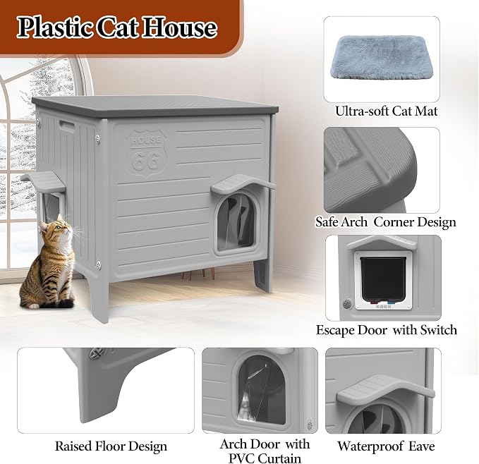 Cat House Outdoor with Cat Mat Weatherproof Plastic Cats Shelter Outside | with Escape Door, Weatherproof Waterproof Cat House Indoor Outdoor