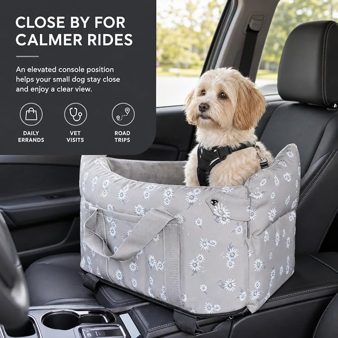 Center Console Dog Car Seat for Small Dogs 5-15 lbs, Gray | Portable Puppy Armrest Booster with Anti-Collapse Support, Washable Fluffy Cushion and Pillow,