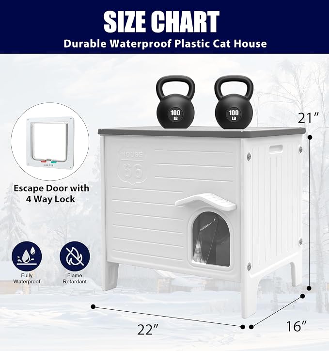 Plastic Outdoor Cat House, 100% Weatherproof Feral Cat Shelter with Safety Escape Door, Cat House with for Barn Cat,