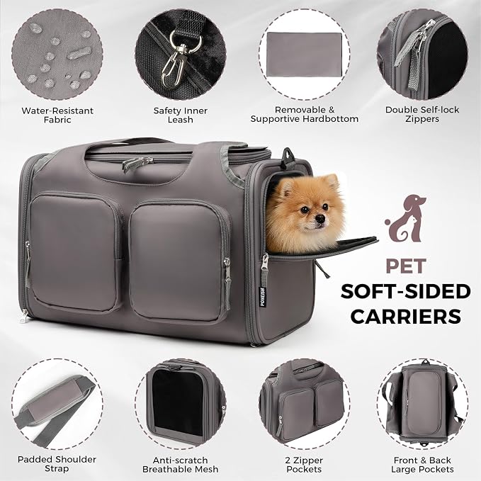 Dog, Cat Carrier for Pets Up to 12 Lbs, Airline Approved Collapsible Soft-Sided Pet Travel Bag with Locking Zippers, Breathable Mesh and 4 Large Pockets, Removable Fleece Pad (Grey)